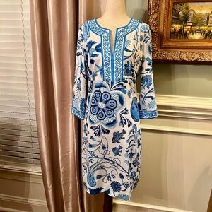EUC Gretchen Scott Split Neck Blue & White Floral Fish Print Tunic Dress MEDIUM